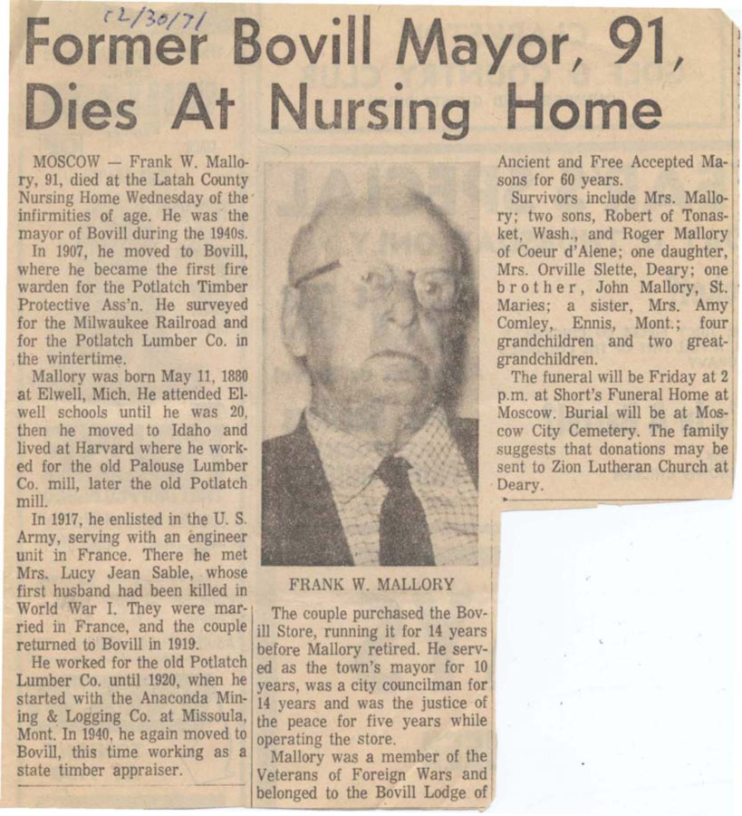 Frank W. Mallory died at the Latah County Nursing Home