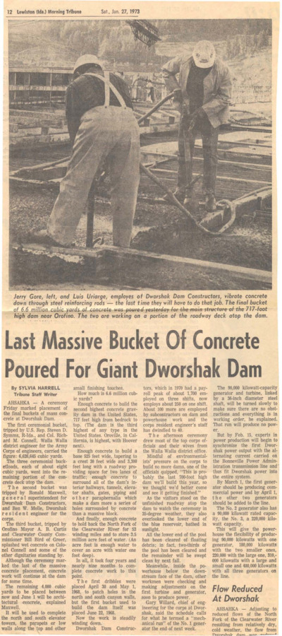 A ceremony marked placement of the final buckets of mass concrete at Dworshak Dam