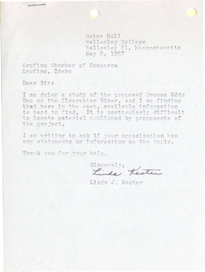 A letter to Bert Curtis requesting information on the Bruces Eddy Dam and Bert Curtis's response