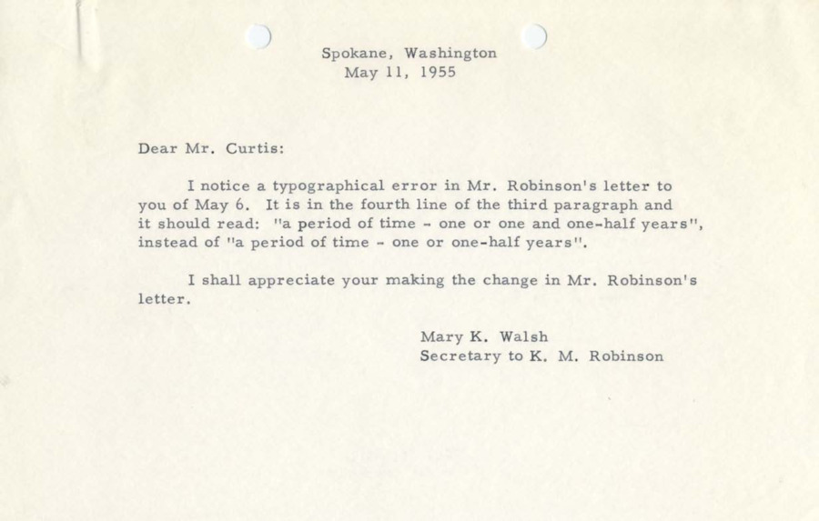 A letter to Bert Curtis from the secretary of K.M. Robinson correcting an error