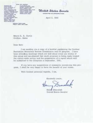 Letter from Henry Dworshak to A. B. Curtis