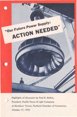 Highlights of a discussion with Paul B. McKee, president of the Pacific Power & Light Company at the Portland Chamber of Commerce.  Includes graphs  and maps regarding Northwest Water resources and power supplies: ""Loads & Resources, Historic & Projected Northwest Power Pool Area,"" ""Dollar Expenditures to Meet Projected Needs,"" ""Northwest power pool facilities,"" ""residential customer data,"" ""total cost of electricity,"" ""power costs and industry,"" ""comparison of power costs,"" ""Portland vs. other cities.""