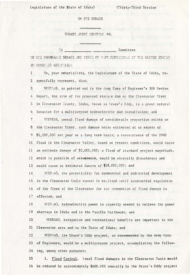 The Idaho Legislatureresolution outlines the benefits of the Bruces Eddy Project, and urges the US congress to approve it.