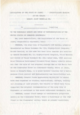 Resolution to Urge Congress to approve the Bruces Eddy Project; letter to and from Ray McNichols