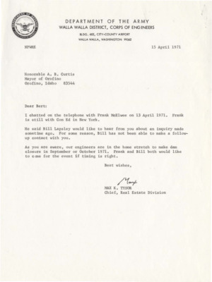 Letter from the Corps of Engineers