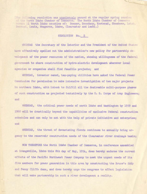 The North Idaho Chamber of Commerce unanimously passes a bill allowing for the construction of the Bruce's Eddy and Penny Cliffs Projects