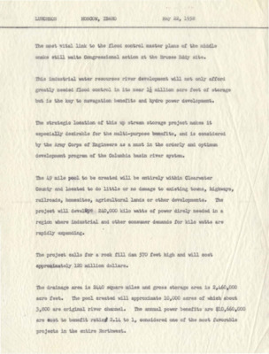 Notes for a speech given at a luncheon in Moscow, Idaho, in support of the Bruce's Eddy [?] project.