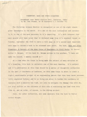 Thomas objects to the Corps of Engineers proposal to build Dykes around Lewiston, Idaho.