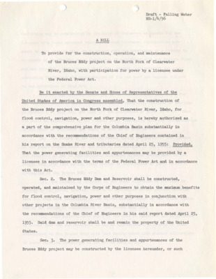 A draft for a bill to provide for the construction of Bruces Eddy