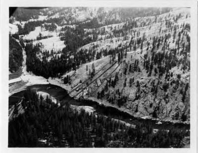 Aerial view of dam site. Also shown is foot bridge to the Merry place.
