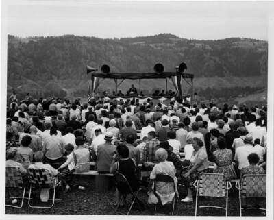 Ground-breaking ceremony at the site. Here is Master of Ceremonies, A.B. Curtis, on the platform. Around 1,000 people attended.