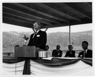 Senator Jordan makes the main speech at ground-breaking ceremony. Behind him are Mr. Gerry Schupe, general contractor for Dravo Corp. winner of the contract, and Jack Carter.