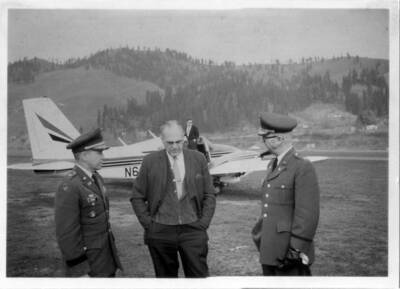 Many times Army Corps of Engineers visited for short talks on the project. Here are Gen. Yates, A.B. Curtis, & Col. McElwee at the airport.