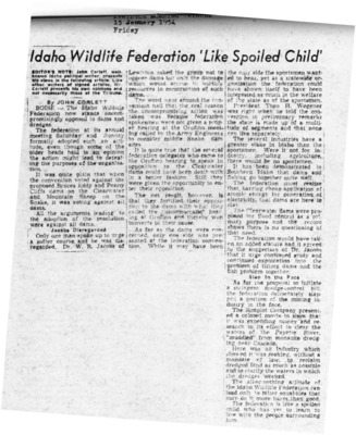 Idaho Wildlife Federation "Like Spoiled Child"