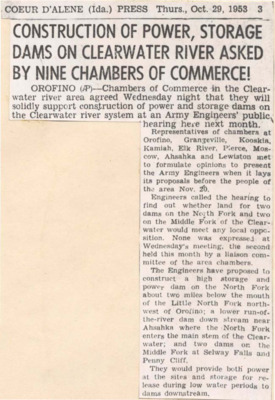 Chambers of Commerce for Clearwater River support construction of power and storage dams