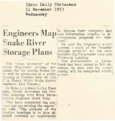 Main elements of Army Engineers storage proposals for Snake river will be presented to the public