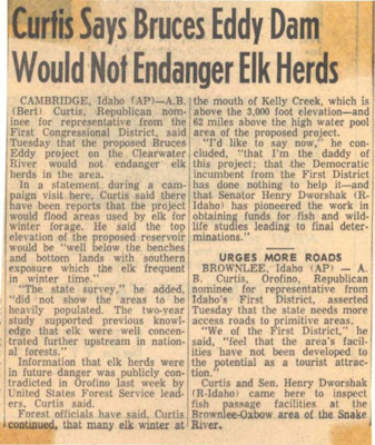 Bert Curtis, Republican nominee for First Congressional District, project on the Clearwater River would not endanger elk herds