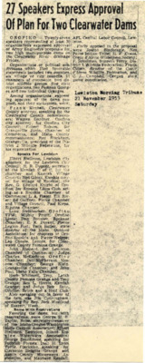 27 A.F.L. Central Labor Council, approve Army Engineers proposals for 2 Dams on Clearwater River