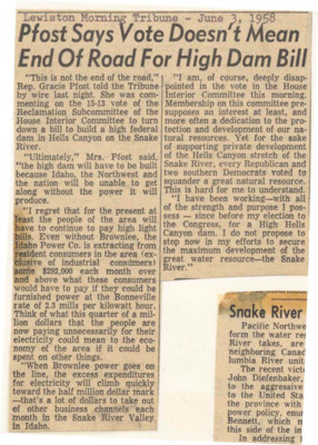 Pfost Says Vote Doesn't Mean End of Road for High Dam Bill