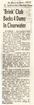 Brink-and-A-Half Club endorsed four storage dams proposed by the Army Corps of Engineers for Clearwater River