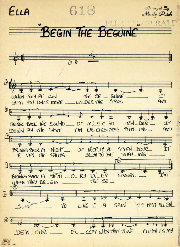 Ella Fitzgerald's sheet music for Marty Paich's arrangement of Cole Porters song "Begin the Beguine."