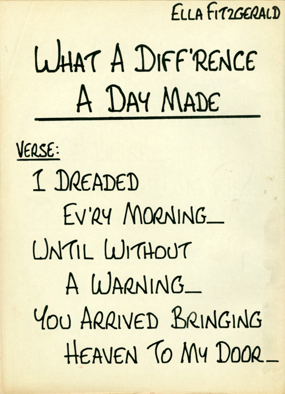Ella Fitzgerald's lyric sheet for Maria Grever and Stanley Adams's song "What a Difference a Day has Made."