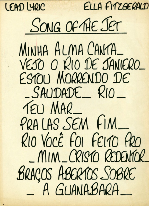 Ella Fitzgerald's lyric sheet for Antonio Carlos Jobims song "Song of the Jet."