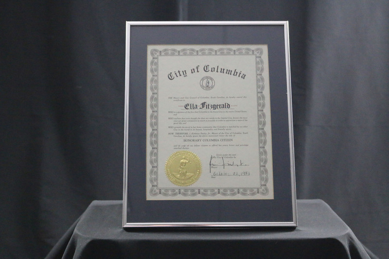 Ella Fitzgerald's Cirtificate of Citizenship to the City of Columbia in South Carolina.