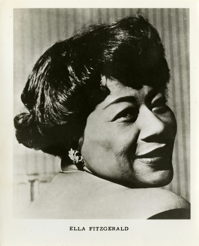 Postscard containing black and white photographed portait of Ella Fitzgerald.