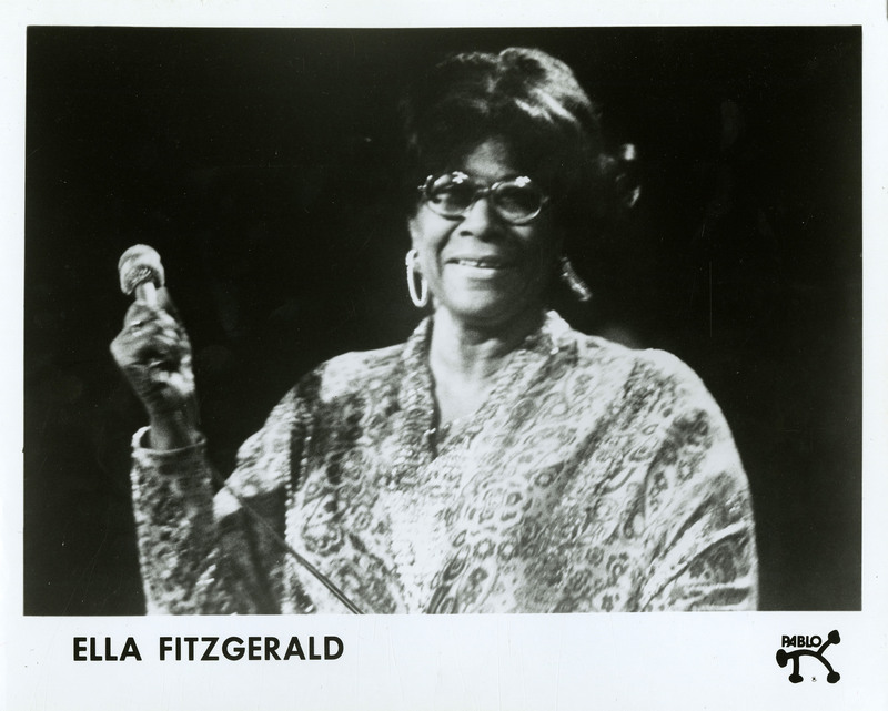 Black and White portrait of Ella Fitzgerald for the cover of "Ella Fitzgerald Live at the Montreaux Jazz Festival 1975" record from Pablo records.