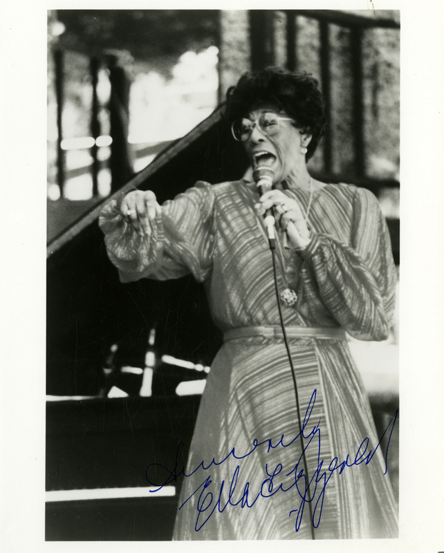 Signed black and white photograp of Ella Fitzgerald at the Capital Jazz Festival *(double check).