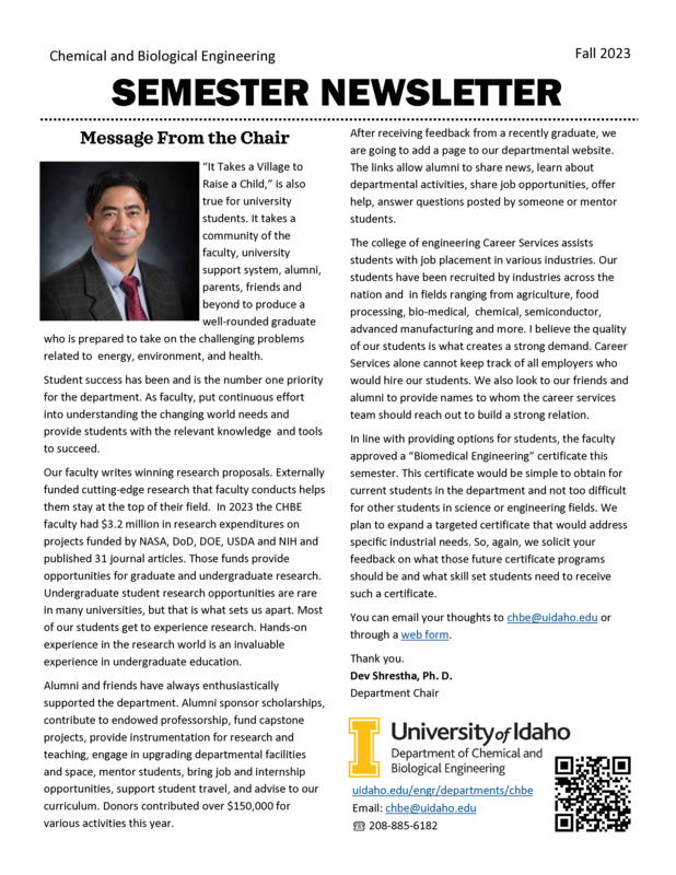 Fall 2023 newsletter from the University of Idaho College of Engineering's Department of Chemical and Biological Engineering