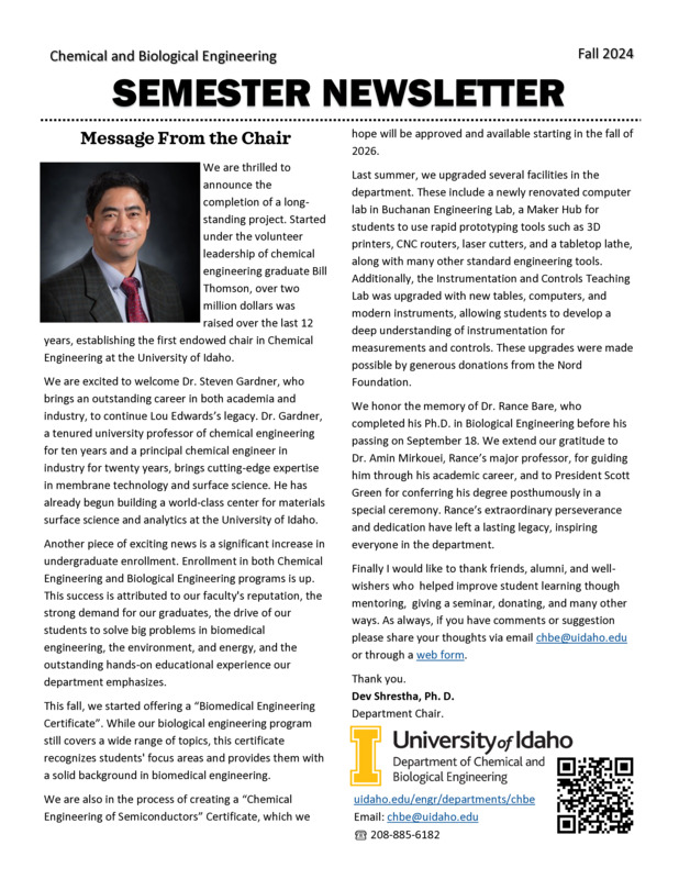 Fall 2024 newsletter from the University of Idaho College of Engineering's Department of Chemical and Biological Engineering
