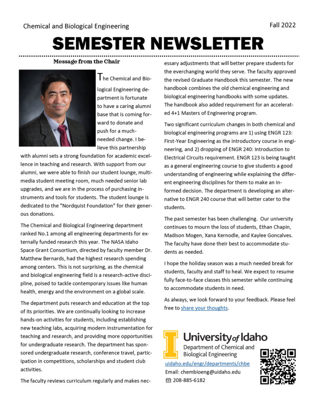 Fall 2022 newsletter from the University of Idaho College of Engineering's Department of Chemical and Biological Engineering