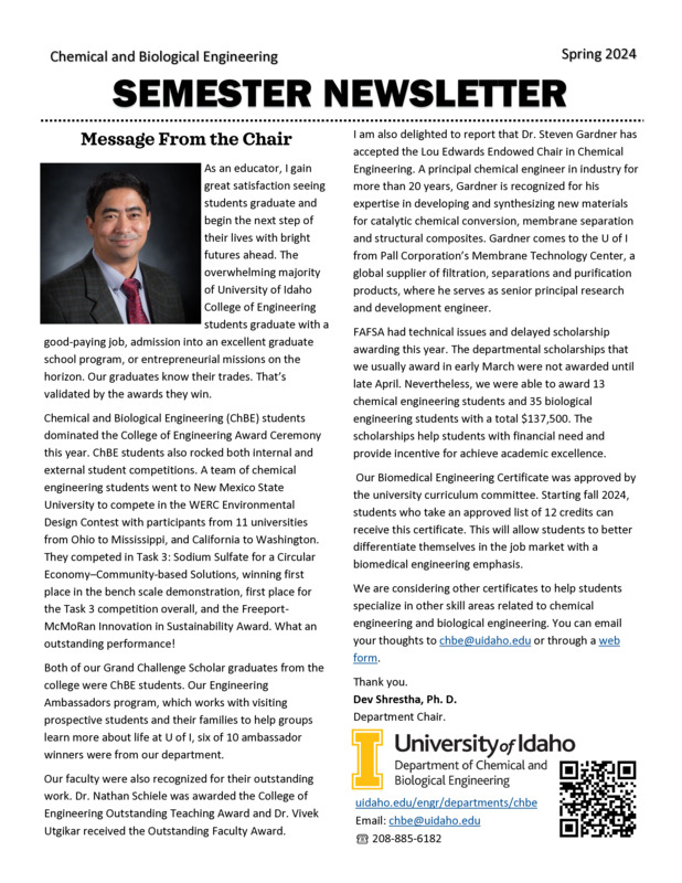 Spring 2024 newsletter from the University of Idaho College of Engineering's Department of Chemical and Biological Engineering
