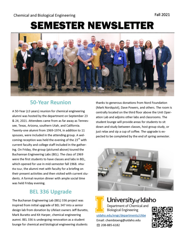 Fall 2021 newsletter from the University of Idaho College of Engineering's Department of Chemical and Biological Engineering