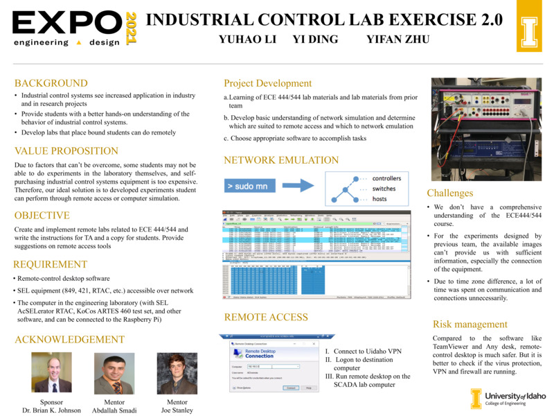 Digital poster with text blocks, images of computer programs, and photographs of an electronic device and people.