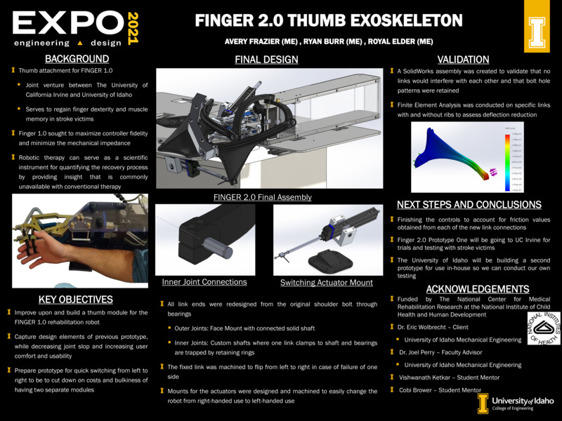 Digital poster with text blocks and images of an elaborate device that attaches to a human arm.