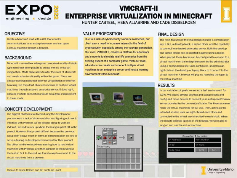 Digital poster with text blocks and imagery from a blocky computer game.
