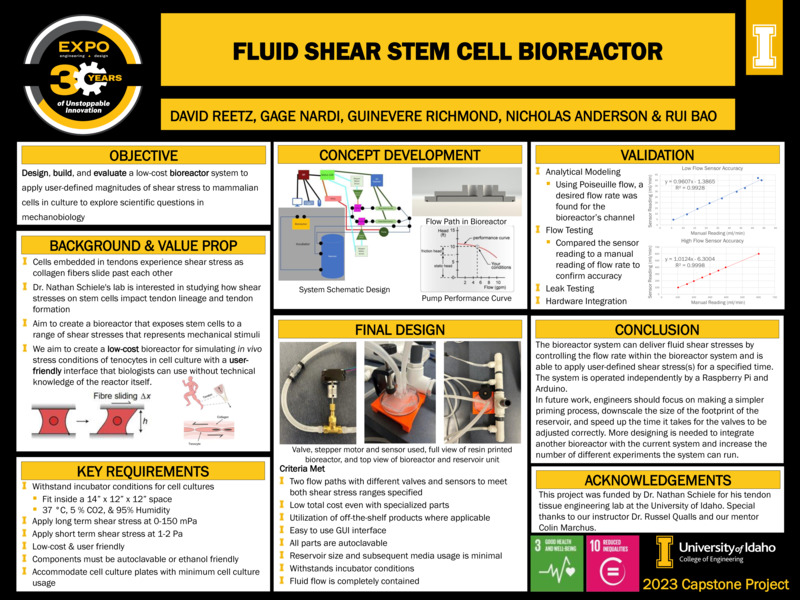 Digital poster with text blocks, engineering schematics, and images of a device composed of objects connected by thin tubes.