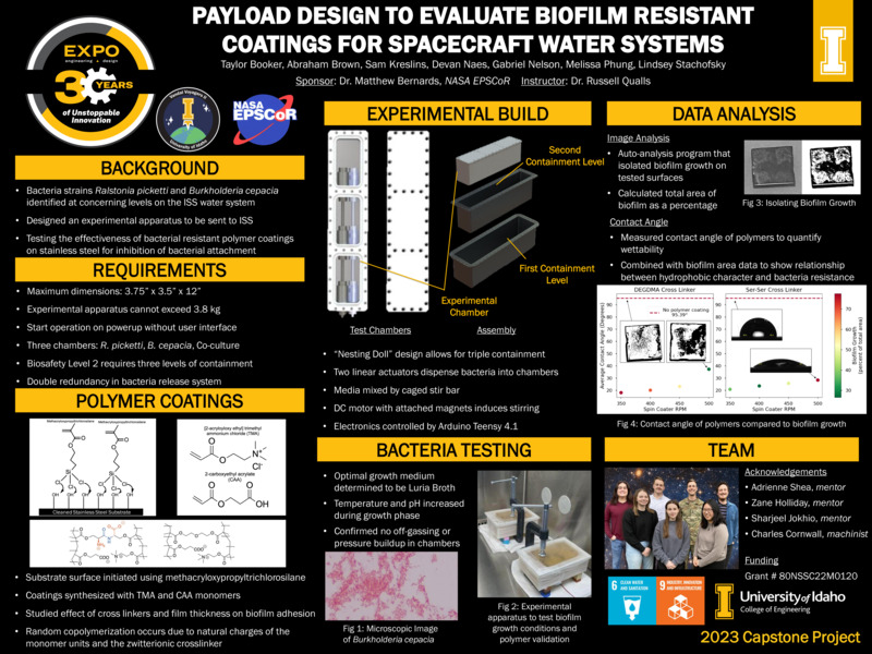 Digital poster with text blocks, engineering schematics, images of microscope slides and plastic boxes, and a photograph of a group of people.