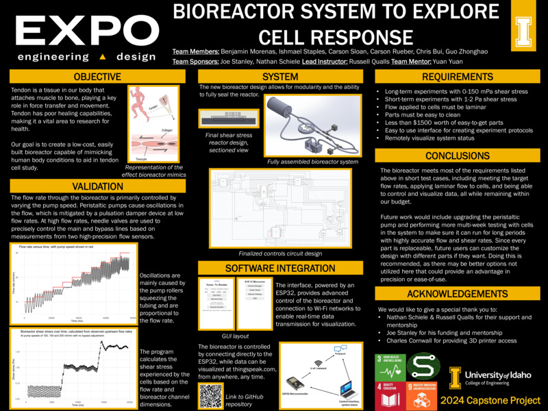 Digital poster with text blocks, engineering schematics, and images of a device composed of objects connected by thin cords.