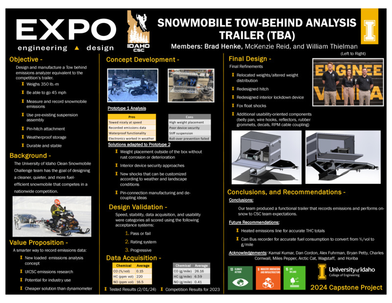 Digital poster with text blocks, images of a snowmobile, and photographs of three people.