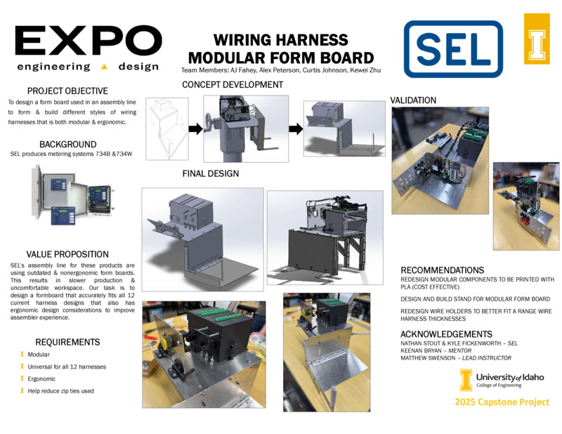 Digital poster with text blocks and both photographic and computer generated images of a form board for wiring harnesses.