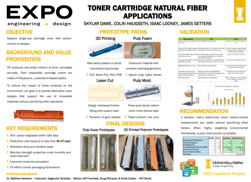 Digital poster with text blocks, data tables, and photographs of long, thin plastic objects of different colors.