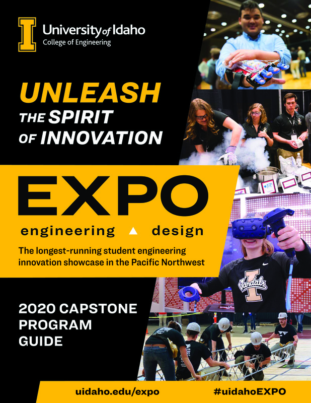 Cover page of a digital booklet with white, yellow, and black text and photographs of people interacting with different kinds of engineering projects.