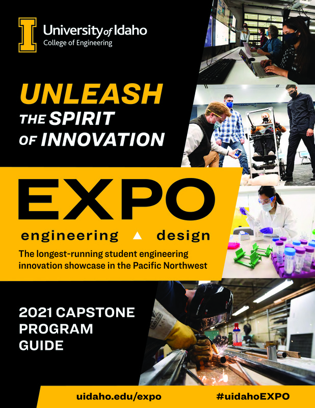 Cover page of a digital booklet with white, yellow, and black text and photographs of people interacting with different kinds of engineering projects.