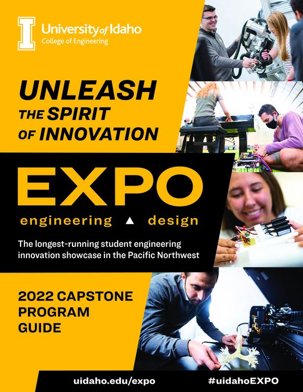 Cover page of a digital booklet with white, yellow, and black text and photographs of people interacting with different kinds of engineering projects.