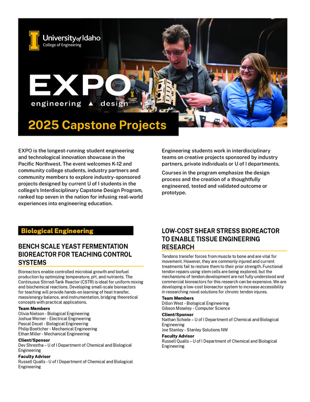 Cover page of a digital booklet with text blocks and a photograph of two people interacting with an engineering project.