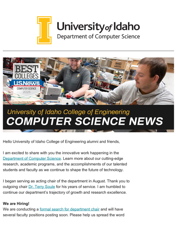 Fall 2024 newsletter from the University of Idaho College of Engineering's Department of Computer Science